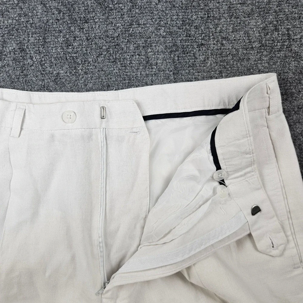Trust Mens Linen Blend Pleated Cuffed Trousers Off White Cream Actual (34x28)